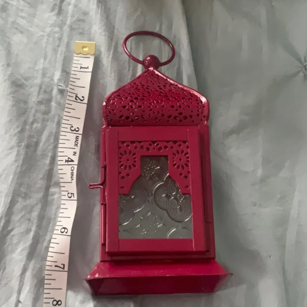Decorative Deep Pink Metal & Glass Lantern Votive Holder Home Accents